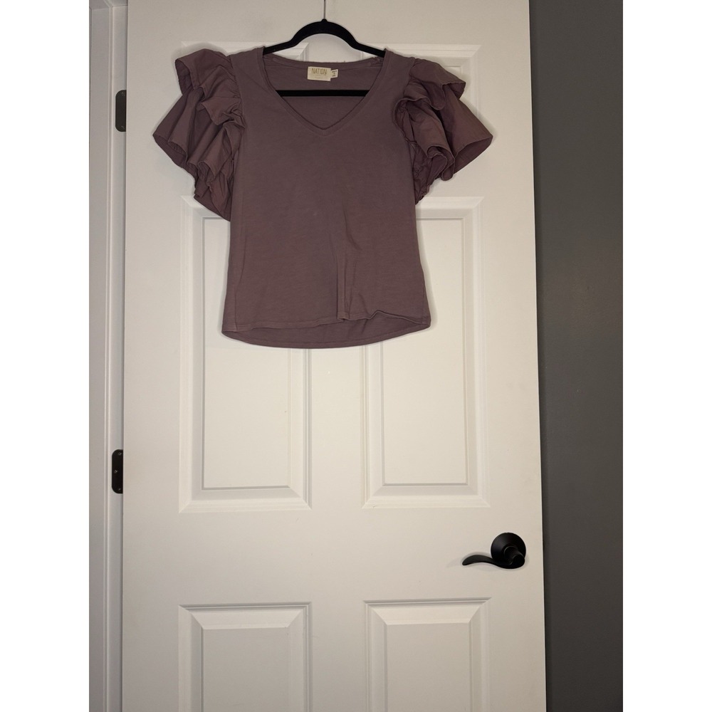 Nation Ltd Bindi Ruffle Tee Dusty Purple Flutter Sleeve Small